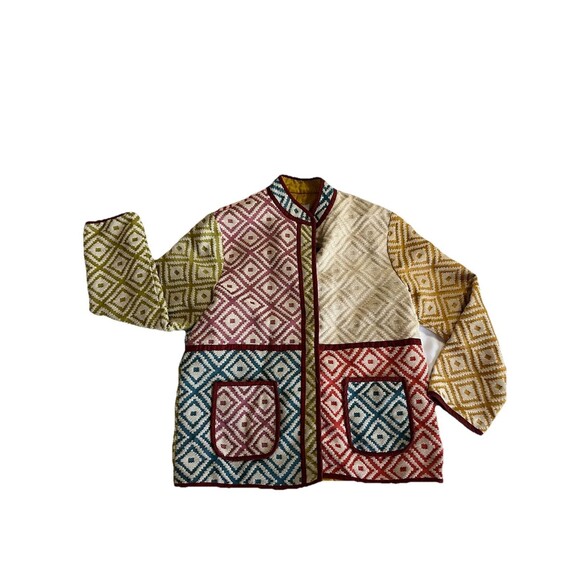 FRNCH Paris Multicolour Patchwork Diamond Quilted Jacket XS Boho Indie Retro - Picture 2 of 14
